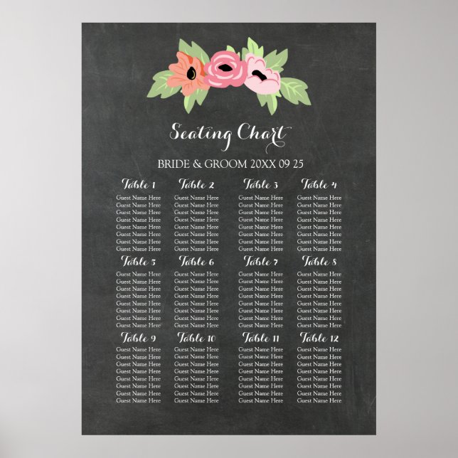 Seating Chart 12 Tables 96 Guest Chalkboard floral Poster (Vorne)