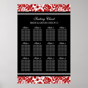 Seating Chart 12 Tables 96 Guest Red Black Damask Poster