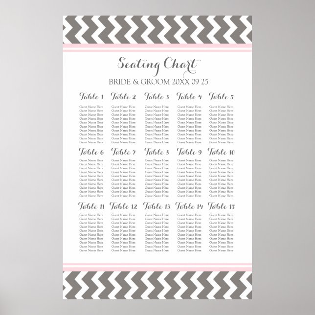 Seating Chart 15 Tabelle 150 Guest Pink Gray Zickz Poster (Vorne)