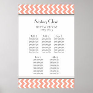 Seating Chart 5 Tables Coral Grey Chevron Poster