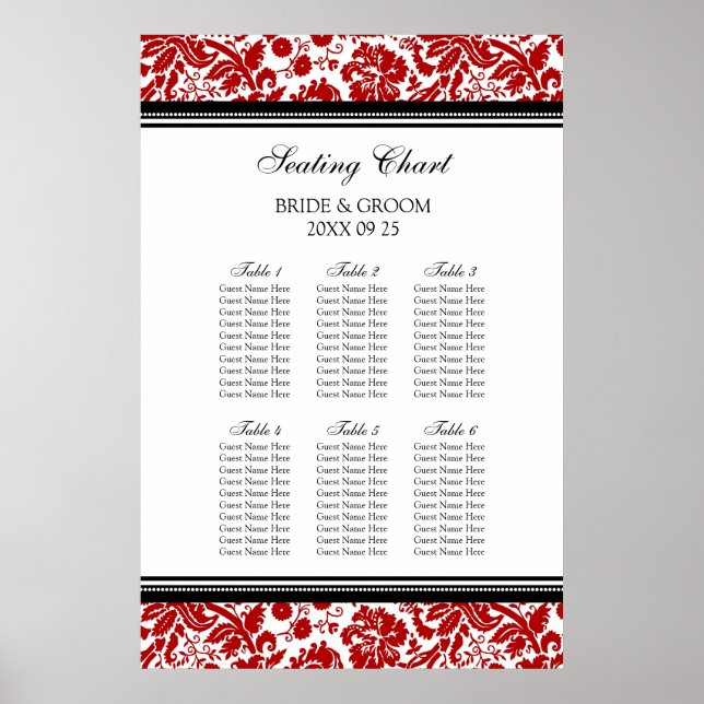Seating Chart 6 Tabellen 60 Guest Red Black Damask Poster (Vorne)