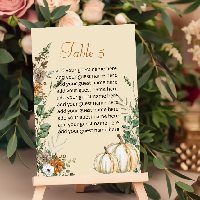 Seating Chart Fall Rustic Brown Floral Pumpkin Tischnummer (Von Creator hochgeladen)