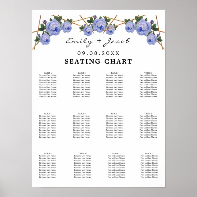 Seating Chart Gold Geometric Blue Floral Wed 120 Poster (Vorne)