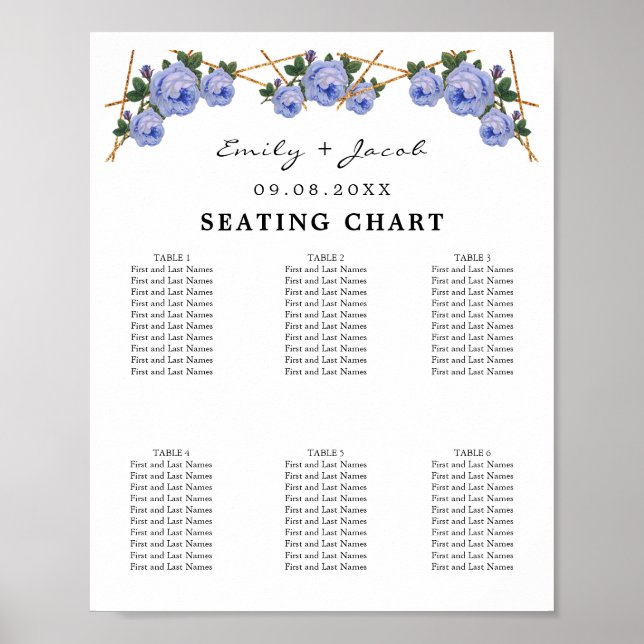 Seating Chart Gold Geometric Blue Floral Wed 60 Poster (Vorne)
