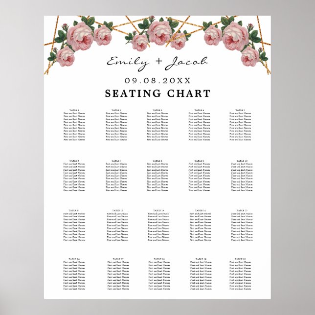 Seating Chart Gold Geometric Pink Floral Wed 200 Poster (Vorne)