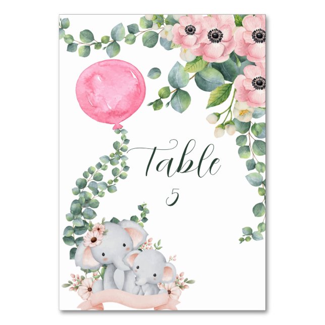 Seating Chart Pink Balloon Eucalyptus Elephant  Tischnummer (Vorderseite)