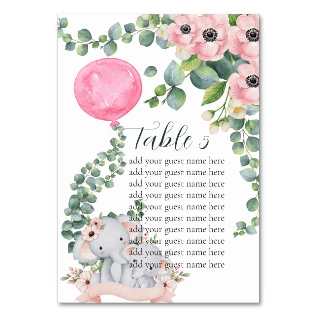 Seating Chart Pink Balloon Eucalyptus Elephant  Tischnummer (Vorderseite)