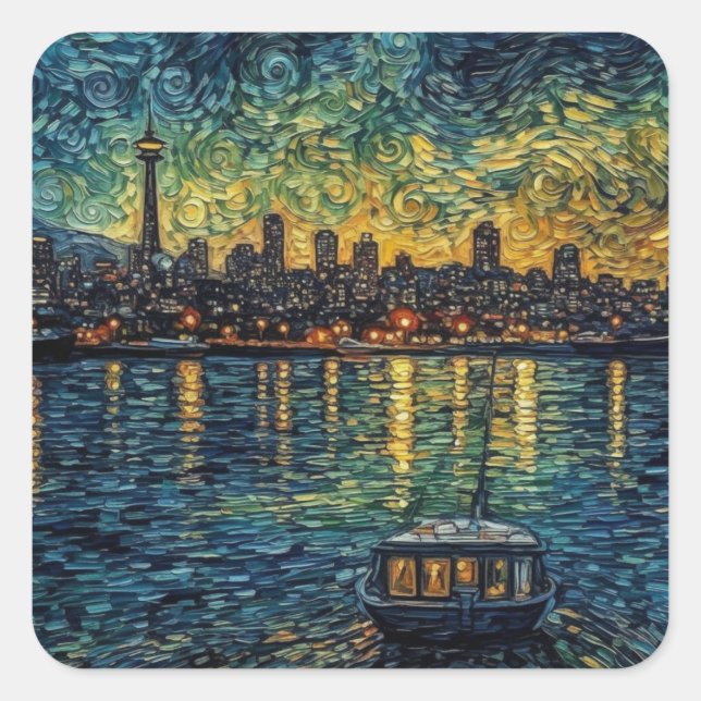 Seatle Space Needle im van-Gogh-Stil Quadratischer Aufkleber (Vorderseite)