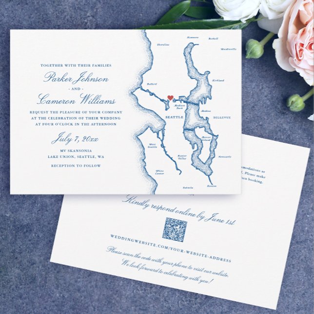 Seattle All-in-One QR code RSVP Blue Wedding Einladung (Seattle Budget Wedding Invitations All in one, QR code RSVP elegant Navy Blue by Coastal Map Designs)