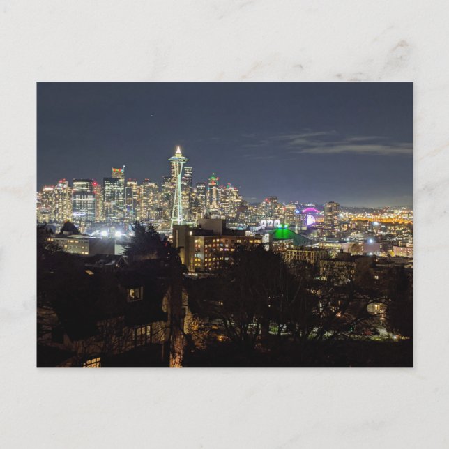 Seattle bei Nacht Feiertagspostkarte (Vorderseite)