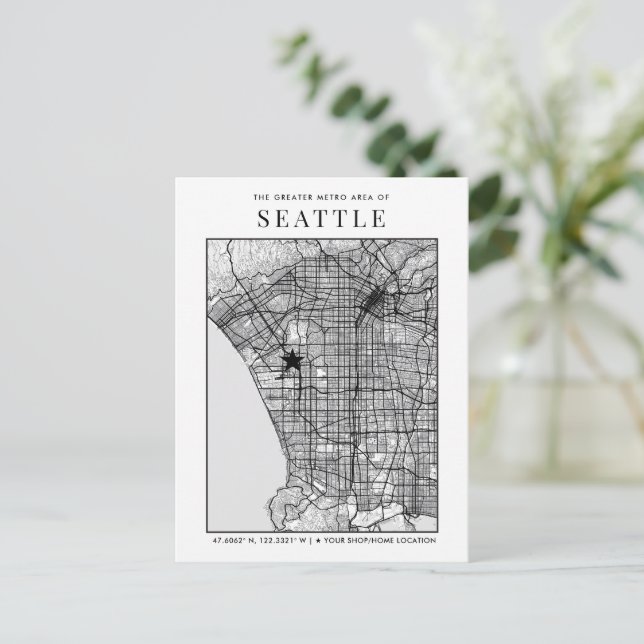 Seattle City Map + Location Marker Postcard Postkarte (Stehend Vorderseite)