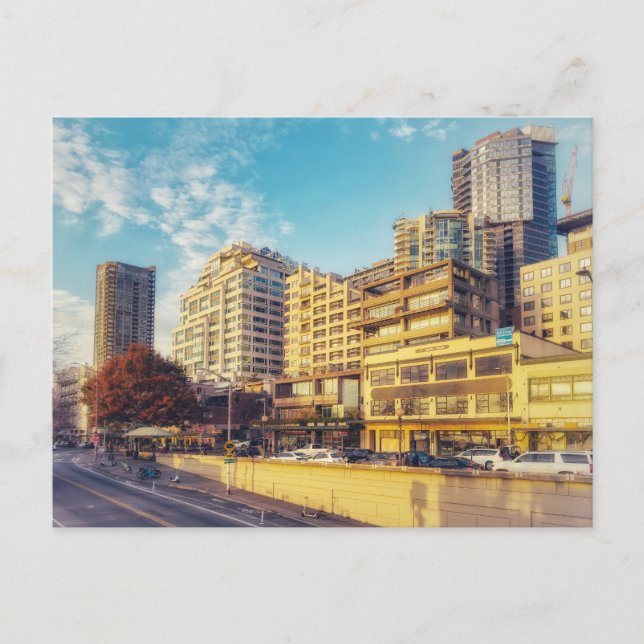 Seattle Cityscape Abend an der Wasserfront Postkarte (Vorderseite)