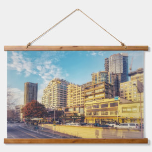 Seattle Cityscape am Wasserfront Wandteppich Mit Holzrahmen