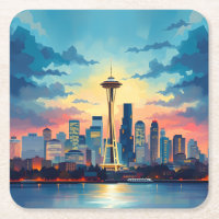 Seattle Digital Painting Skyline Untersetzer Set