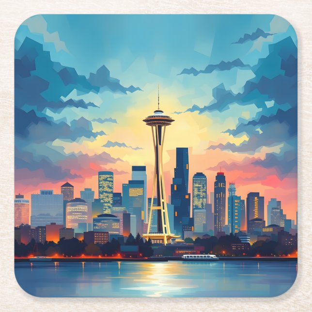 Seattle Digital Painting Skyline Untersetzer Set (Vorderseite)