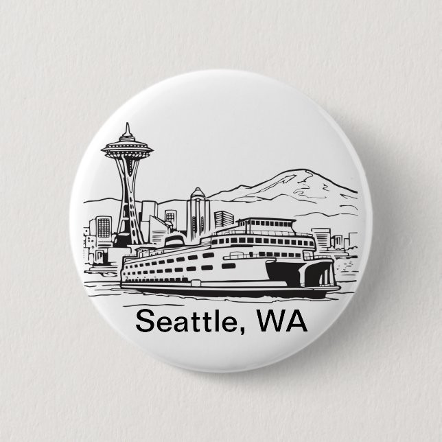 Seattle Ferry & Skyline Line Art Washington Staat Button (Vorderseite)