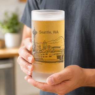 Seattle Ferry & Skyline Line Art Washington Staat Mattglas Bierglas