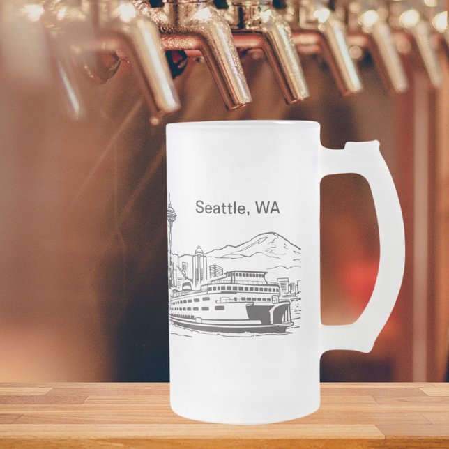 Seattle Ferry & Skyline Washington Staat Line Art Mattglas Bierglas (Seattle Ferry & Skyline Washington State Line Art Frosted Glass Beer Mug)