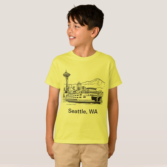 Seattle Ferry & Skyline Washington Staat Line Art T-Shirt (Vorne ganz)