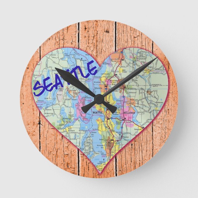 Seattle-Karte Herz Runde Wanduhr (Vorderseite)