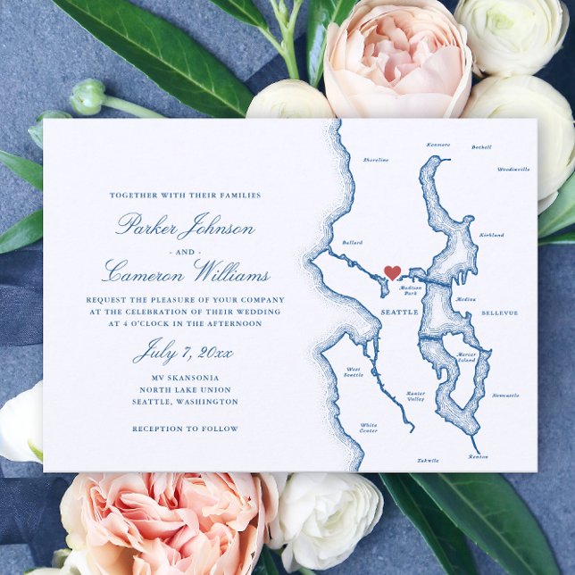Seattle Lake Washington Map Elegant Navy Wedding Einladung (Seattle Lake Washington Wedding Invitation in Elegant Navy Blue from Coastal Map Designs)