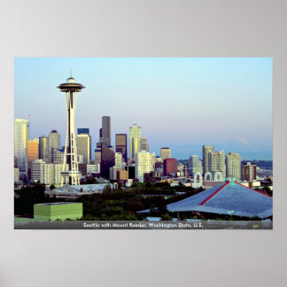 Seattle mit Mount Rainier, Washington Staat, USA Poster
