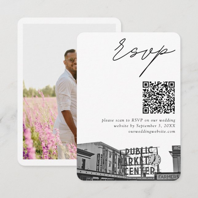 Seattle Pikes Place Wedding RSVP QR Code Small Begleitkarte (Vorne/Hinten)