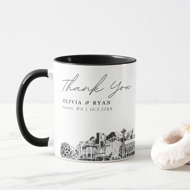 Seattle Sketch Simple Custom Wedding Coffee Tasse (Mit Donut)