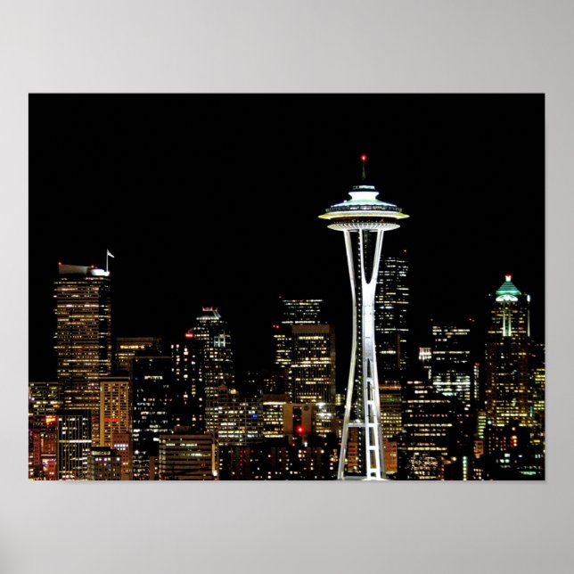 Seattle skyline at night, with space Needle. Poster (Vorne)