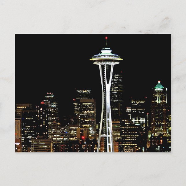 Seattle skyline at night, with space Needle. Postkarte (Vorderseite)