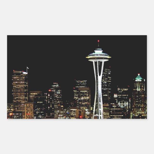 Seattle skyline at night, with space Needle. Rechteckiger Aufkleber (Vorderseite)