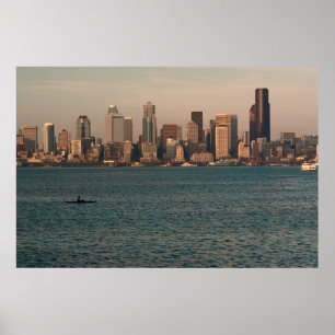 Seattle Skyline at Sunset with Kayaker Print Poster