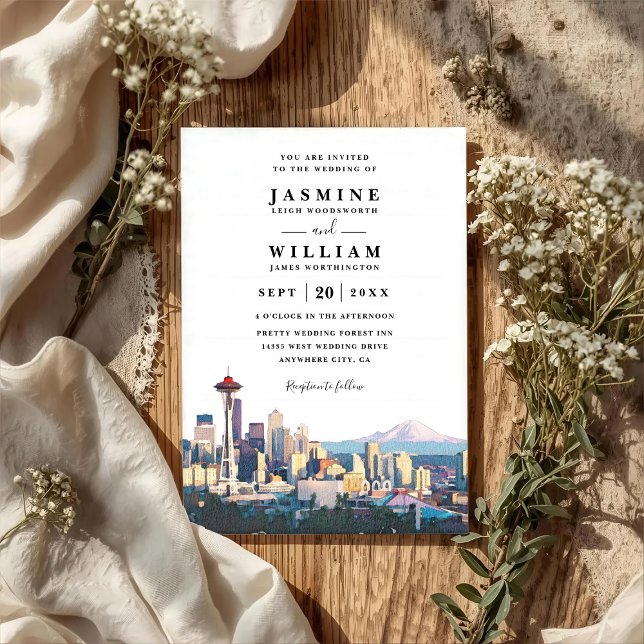 SEATTLE Skyline Destination Modern QR Code Wedding Einladung (Von Creator hochgeladen)