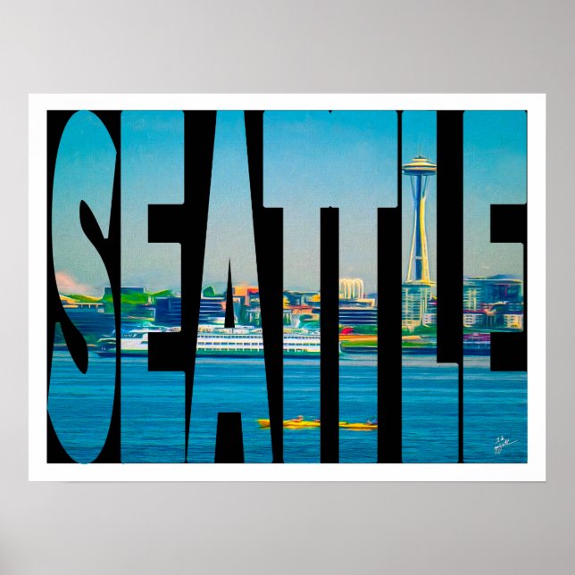 Seattle Skyline Foto Typografie WasserfarbeGrenzen Poster (Vorne)