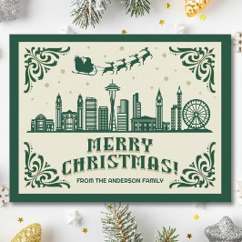 Seattle Skyline Green Christmas Holiday Postcard Feiertagspostkarte