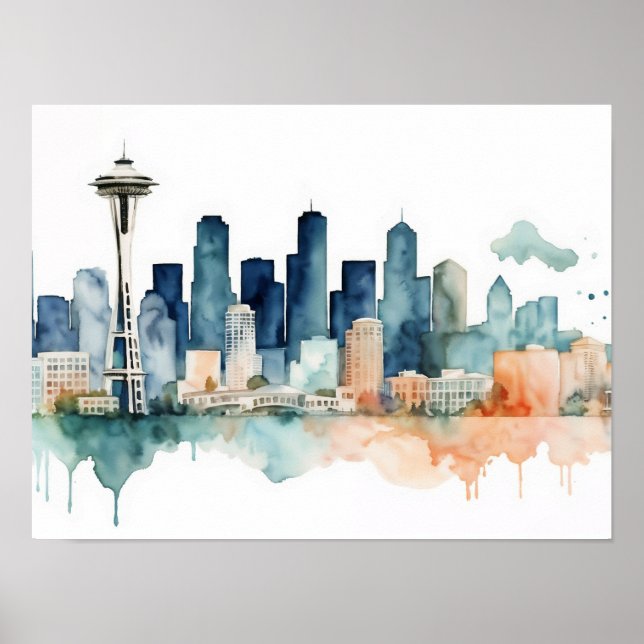 Seattle-Skyline in Wasserfarben Poster (Vorne)