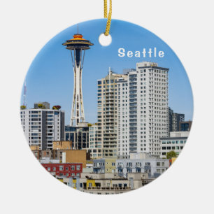 Seattle Skyline mit Mt. Rainier über dem Hafen, Keramik Ornament