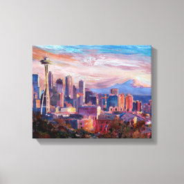 Seattle Skyline mit Weltraumnadeln und MT Rainier Leinwanddruck