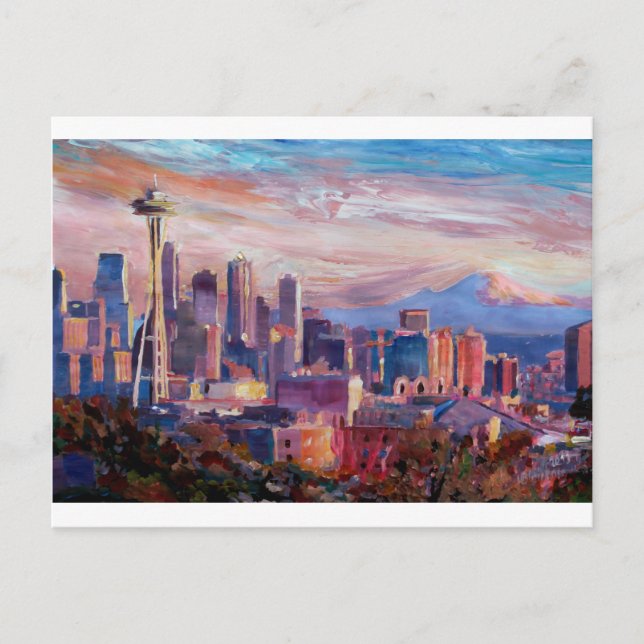 Seattle Skyline mit Weltraumnadeln und MT Rainier Postkarte (Vorderseite)
