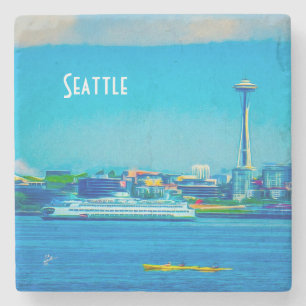 Seattle-Skyline-moderne Aquarell-Fotografie Steinuntersetzer