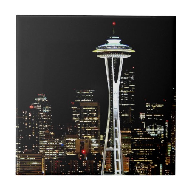 Seattle-Skyline nachts, mit Raum-Nadel Fliese (Vorderseite)