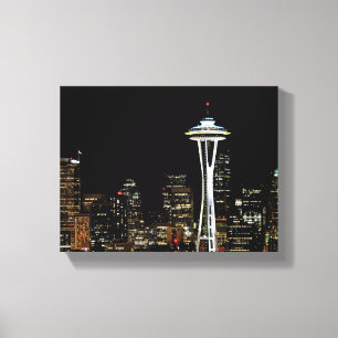 Seattle-Skyline nachts, mit Raum-Nadel Leinwanddruck