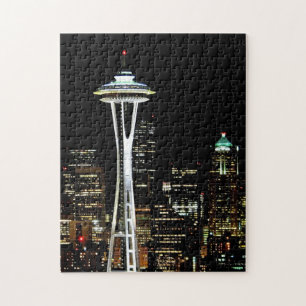 Seattle-Skyline nachts, mit Raum-Nadel Puzzle