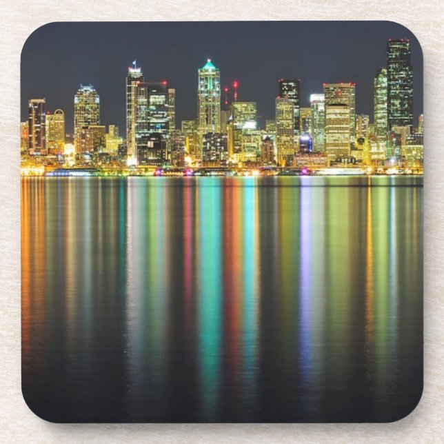 Seattle-Skyline nachts mit Reflexion Getränkeuntersetzer (Vorderseite)
