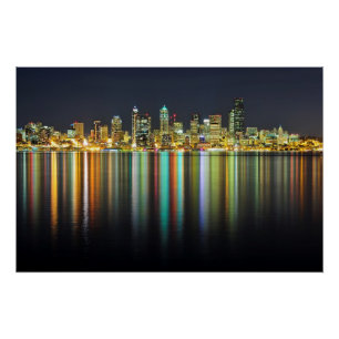 Seattle Skyline nachts mit Reflexion Poster