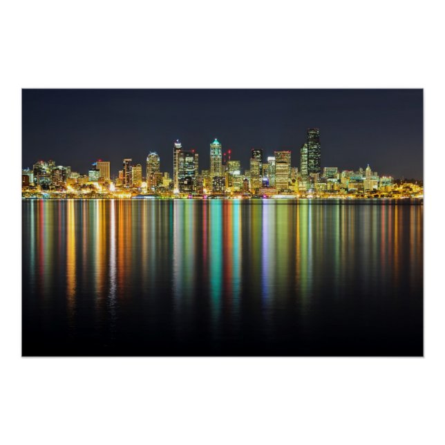 Seattle Skyline nachts mit Reflexion Poster (Vorderseite)