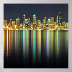 Seattle Skyline nachts mit Reflexion Poster