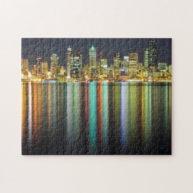 Seattle-Skyline nachts mit Reflexion Puzzle (Horizontal)