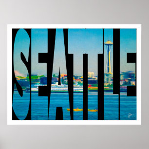 Seattle Skyline Photo Typography WatercolorBorder Poster