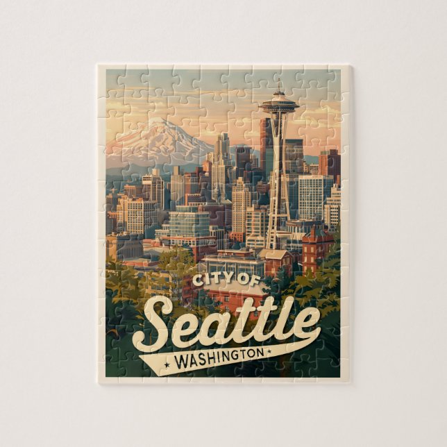 Seattle Skyline – Space Needle & Mount Rainier Puzzle (Vertikal)